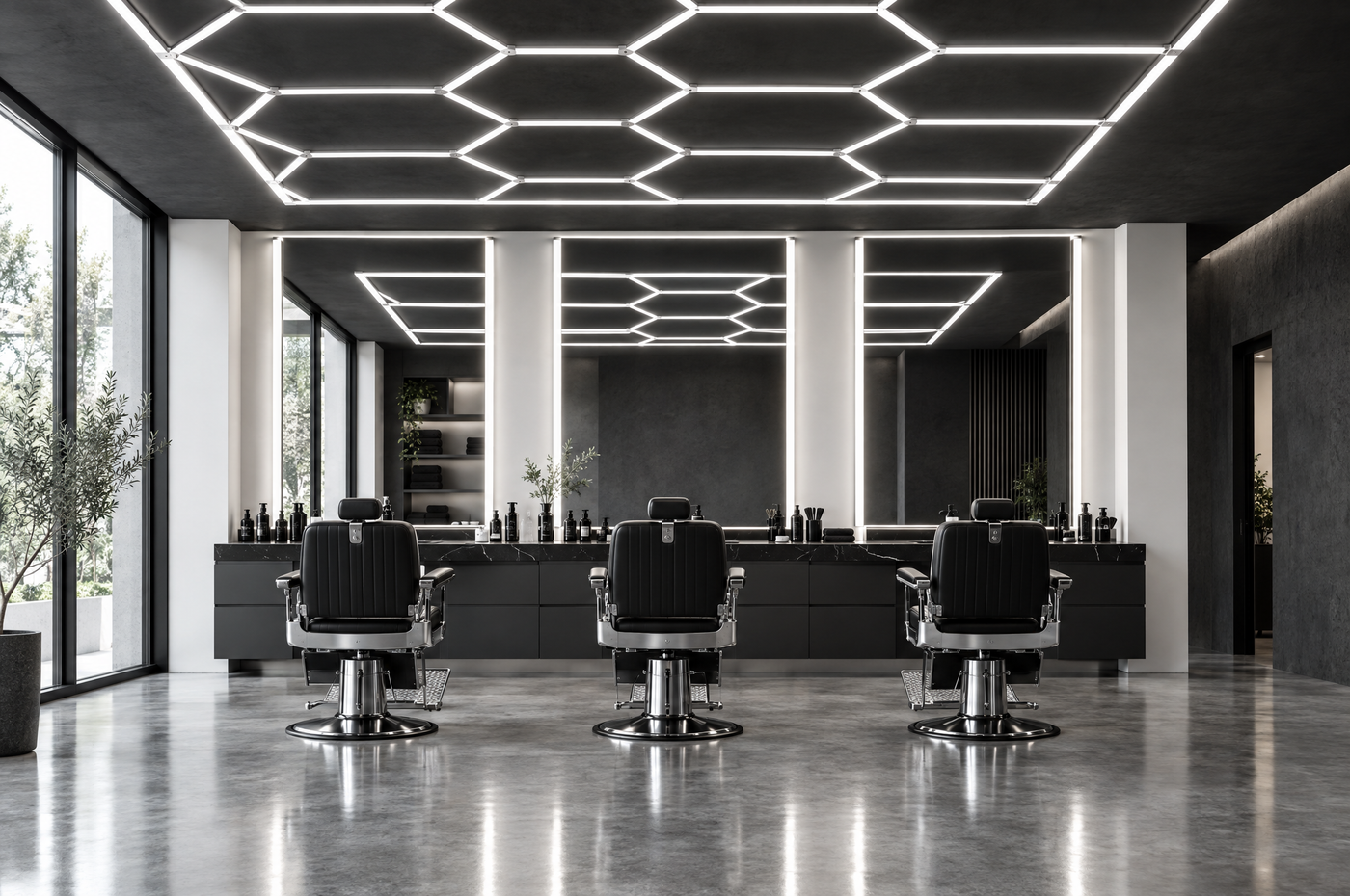 Barbershop interior concept with white geometric ceiling lights